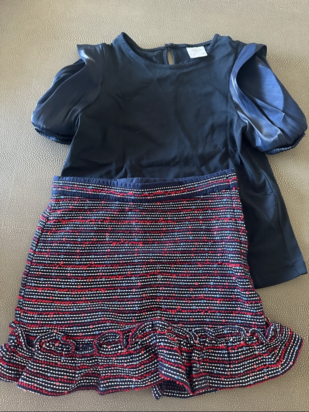 Janie and Jack Navy Top with Multicolor Tweed Skirt (navy, red, white)